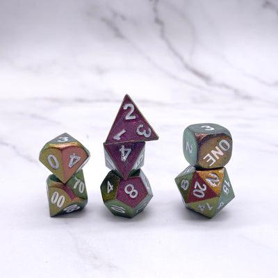 Color Shift Green and Purple polyhedral DND Dice Set Stargazer Goods