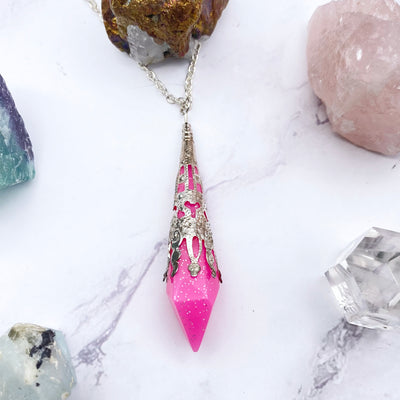Bright Pink ornate Pendulum Necklace Stargazer Goods