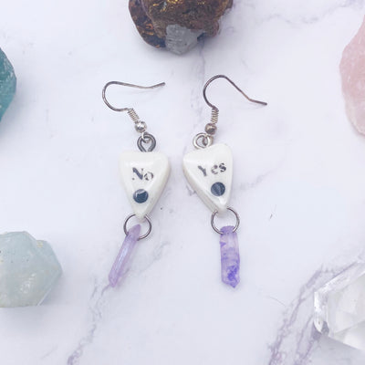 White and Purple Quartz Crystal Ouija Planchette Wire hook Earrings | Stargazer Goods