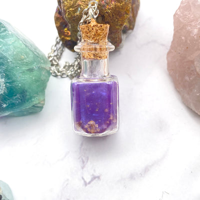 Small Purple and Gold Glass Bottle Necklace Stargazer Goods