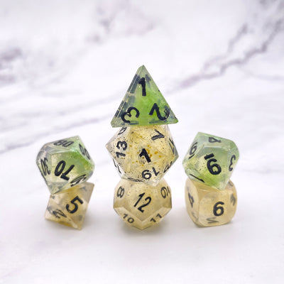 Iridescent Green and Yellow polyhedral DND Dice Set Stargazer Goods