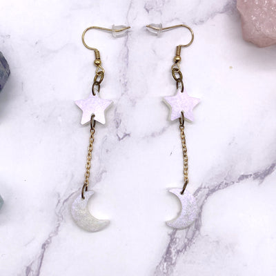 White Iridescent Star and Moon Earrings | Stargazer Goods