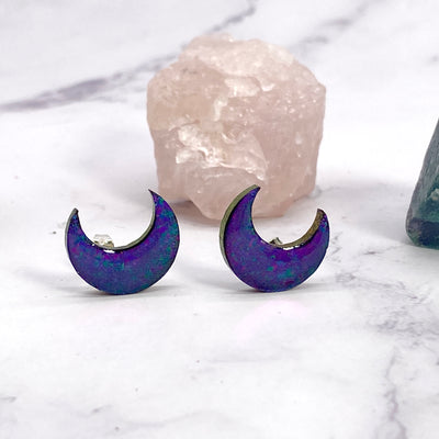 Purple Green Color Shift Minimalist Crescent Moon Stud Earrings | Stargazer Goods