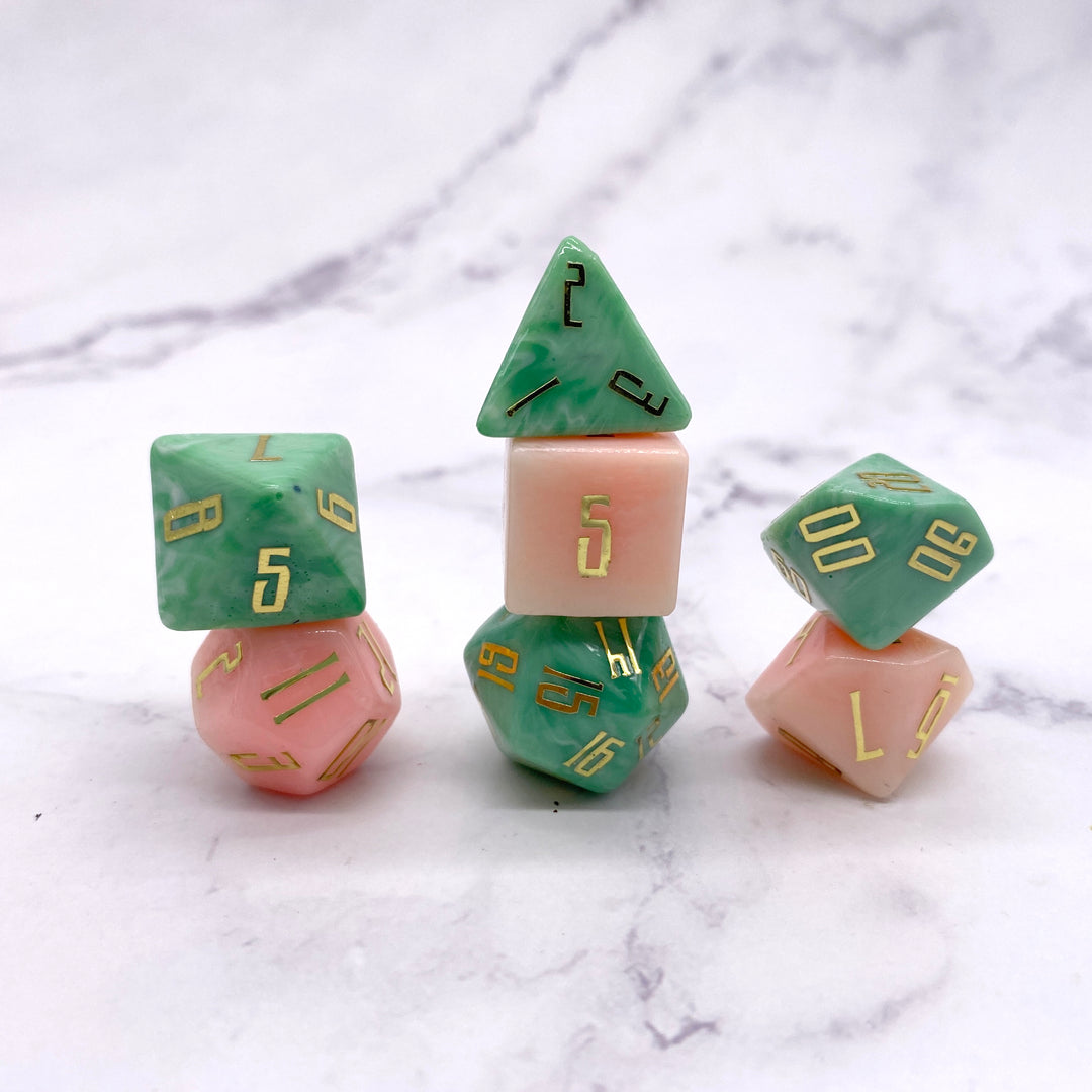 Watermelon Whirl, Set of 2024 12 Polyhedral Dice, Raw and Uninked