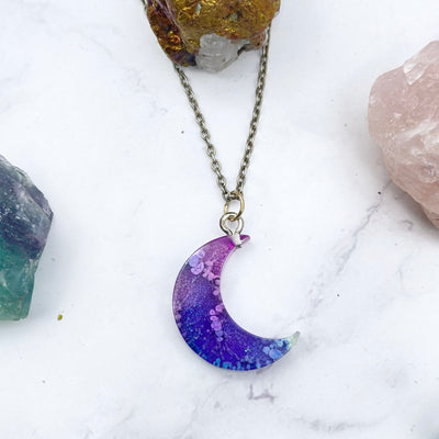 Small Ombre Purple and Teal Petri Dish Crescent Moon Necklace | Stargazer Goods