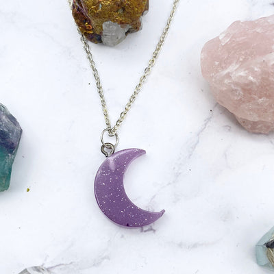 Small Purple Glitter Crescent Moon Necklace | Stargazer Goods