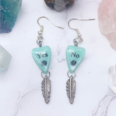 Holographic Teal Feather Charm Ouija Planchette Wire hook Earrings | Stargazer Goods