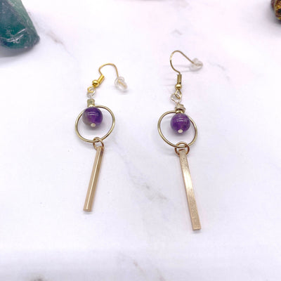 Circle and bar Amethyst Minimalist Earrings. Simple Geometric Wire hook Earnings. Cottage core Witch Wicca Pagan Simplistic Everyday Jewelry