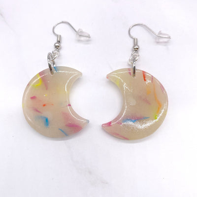 Rainbow Confetti Moon Wire Hook Dangle Earrings. Minimalistic Celestial Lunar Cottagecore pastel goth Kawaii Polymer ClayJewelry