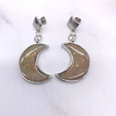 Silver Opalescent Crescent Moon Stud Dangle Earrings. Minimalistic Celestial Lunar Cottagecore pastel goth Galaxy Space Polymer ClayJewelry