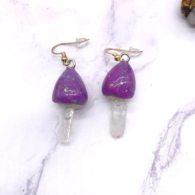 Purple Mushroom Quartz Crystal Dangle wire hook earrings Stargazer Goods