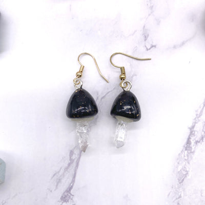 Black Mushroom Quartz Crystal Dangle wire hook earrings Stargazer Goods