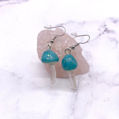 Blue Mushroom Quartz Crystal Dangle wire hook earrings Stargazer Goods