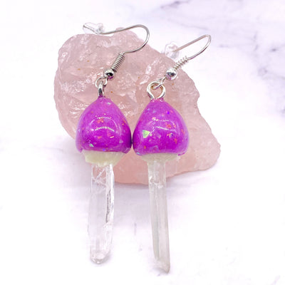 Purple Mushroom Quartz Crystal Dangle wire hook polymer Clay earrings Minimalist Simple Cottage core Witch Wicca Pagan Shroom Lover Jewelry