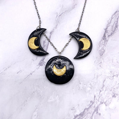 Black and Gold Moon Phase Celestial Sterling Silver Necklace CottageCore witchcore Kawaii Pastel Goth Moon phase witch wicca pagan necklace