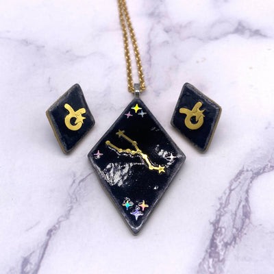 Taurus Horoscope Jewelry Set. Celestial Constellation 14K Gold Earrings and Necklace. Cottagecore Pastel Goth Halloween Fall Jewelry