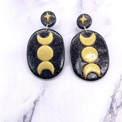 Black & Gold Moon Phase Earrings. Celestial Lunar BOHO Cottagecore Witch Wicca Pastel Goth Jewelry