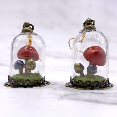 Mushroom Terrarium Glass Dome Wire Hook Earrings forest Witch cottagecore hedge witch pagan Wiccan botanical elf miniature jewelry