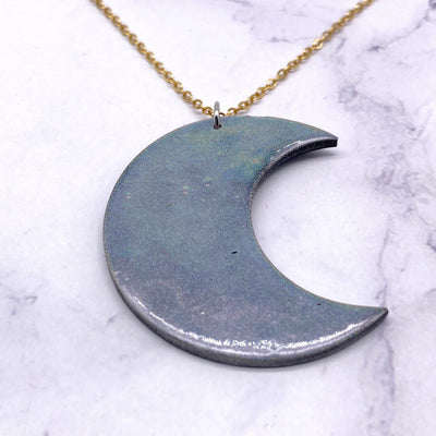 Silver Twilight Crescent Moon Holographic Polymer Clay Necklace Pastel Goth CottageCore Witch Wicca Celestial Space Jewelry