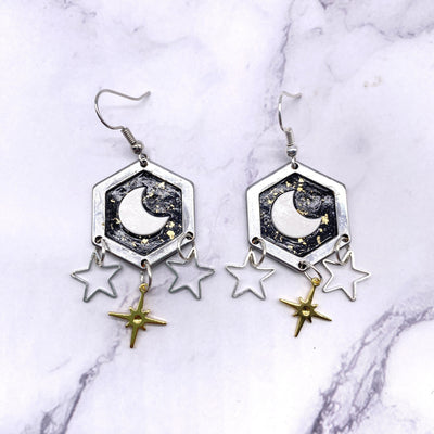 Black Celestial Crescent Moon Dangle Hook Earrings Cottagecore Witchcore Pastel Goth BOHO Minimalist Hexagon Jewelry