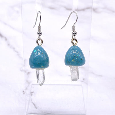 Blue Mushroom Quartz Crystal Dangle wire hook polymer Clay Earrings forest Witch cottagecore hedge witch pagan Wiccan botanical jewelry
