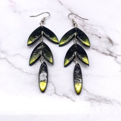 Gold Brush Black and Gold Abstract Leaf Polymer clay wire hook earrings. Gothic Botanical Pastel Goth minimalist Cottagecore Jewelry