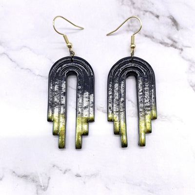 Gold Brush Black and Gold Abstract Arch Polymer clay wire hook earrings. Pastel Goth Cottagecore Art Nouveau gilded age Jewelry