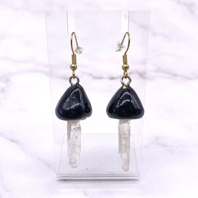 Black Mushroom Quartz Crystal Dangle wire hook polymer Clay Earrings forest Witch cottagecore hedge witch pagan Wiccan botanical jewelry