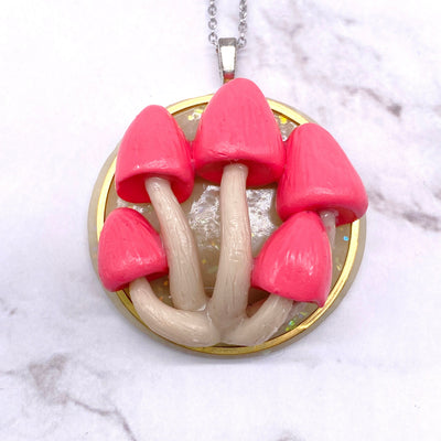 Pink mushroom polymer clay necklace pendant forest Witch hedge witch pagan Wiccan cottagecore botanical jewelry