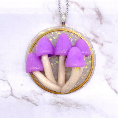 Purple mushroom polymer clay necklace pendant forest Witch hedge witch pagan Wiccan cottagecore botanical jewelry