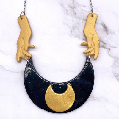 Moon Goddess Crescent Polymer Clay Necklace Pastel Goth CottageCore Witch Wicca Celestial Space Jewelry