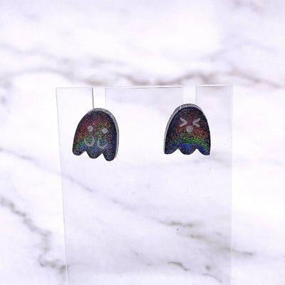 Holographic Black Ghost Tiny Stud Earrings. Kawaii paranormal Pastel Goth Wiccan Witch Minimalist Halloween Jewelry Accessories