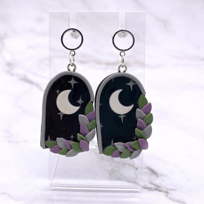 Black Celestial Moon Botanical Window Polymer clay stud dangle earrings. Gothic Alternative Pastel Goth BOHO minimalist Cottagecore Jewelry