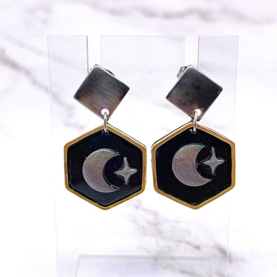 Black Holographic Celestial Crescent Moon Dangle Stud Earrings Cottagecore Witchcore Pastel Goth BOHO Simplistic minimalist Brass Jewelry