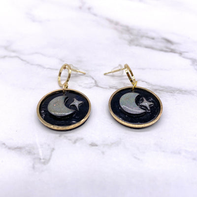 Black Celestial Moon Holographic Polymer clay stud dangle earrings. Gothic Alternative Pastel Goth BOHO minimalist Cottagecore Jewelry