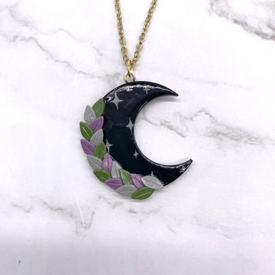 Black Twilight Crescent Moon Botanical Polymer Clay Necklace Pastel Goth CottageCore Witch Wicca Celestial Space Jewelry