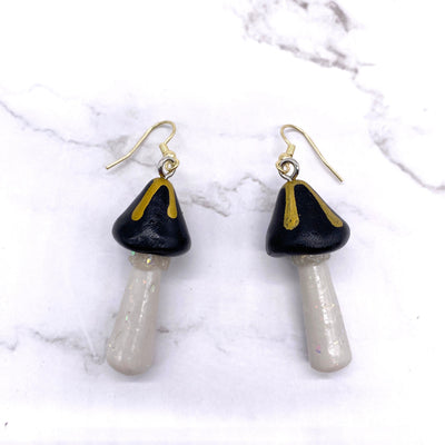 Black and Gold Mushroom Dangle wire hook polymer Clay earrings Minimalist Simple Cottage core Witch Wicca Pagan Shroom Lover Jewelry