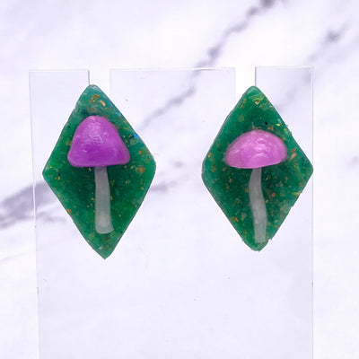 Mystical Mushroom Stud Earrings Cottagecore Pastel Goth Diamond Shaped Green Purple Polymer Clay Jewelry