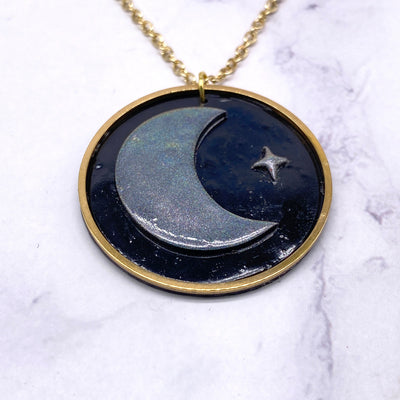 Black Twilight Crescent Moon Polymer Clay Necklace Pastel Goth CottageCore Witch Wicca Celestial Space Jewelry