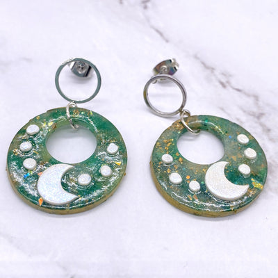 Green Abstract Round Celestial Crescent Moon Dangle Earrings Cottagecore Witchcore Pastel Goth BOHO Simplistic minimalist Jewelry