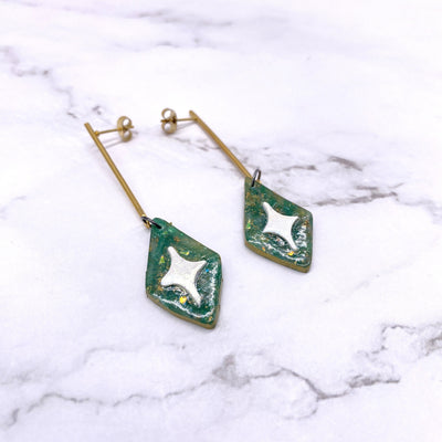 Green Diamond Star Dangle Bar Earrings Cottagecore Witchcore Pastel Goth BOHO Simplistic minimalist Brass Jewelry