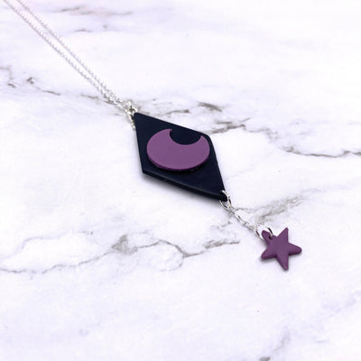 Space Pop Pastel Moon Necklace Celestial Cottagecore Pastel Goth Kawaii Kandi Kid Sterling Silver Black and Purple Jewelry