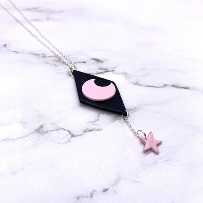 Space Pop Pastel Moon Necklace Celestial Cottagecore Pastel Goth Kawaii Kandi Kid Sterling Silver Black and Pink Jewelry