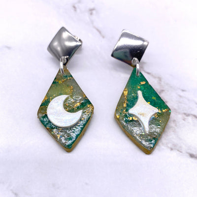 Celestial Crescent Moon Dangle Stud Earrings Cottagecore Forest Hedge Witch Pastel Goth BOHO Simplistic minimalist Brass Jewelry