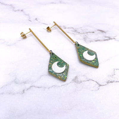 Green Diamond Moon Dangle Bar Earrings Cottagecore Witchcore Pastel Goth BOHO Simplistic minimalist Brass Jewelry