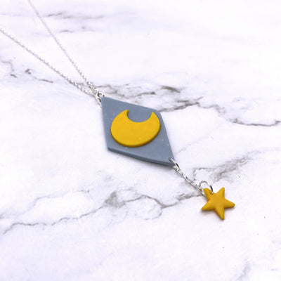 Space Pop Pastel Moon Necklace Celestial Cottagecore Pastel Goth Kawaii Kandi Kid Sterling Silver Blue and Yellow Jewelry