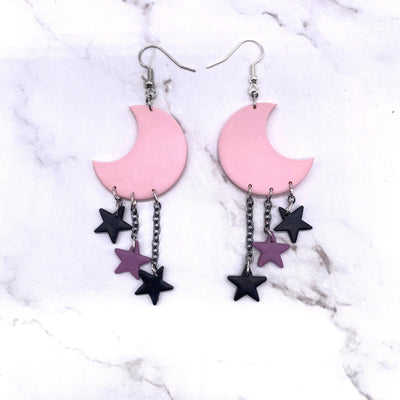 Kawaii Space Explorer Pastel Moon Earrings Celestial Cottagecore Pastel Goth Kandi Kid Pink Jewelry