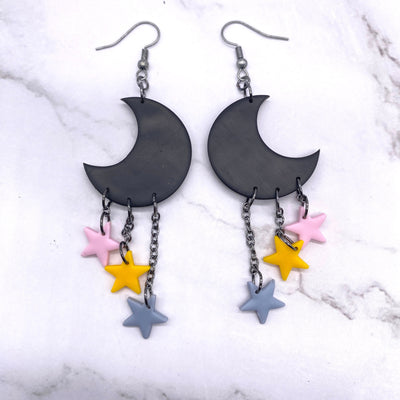 Kawaii Space Explorer Pastel Moon Earrings Celestial Cottagecore Pastel Goth Kandi Kid Black Jewelry