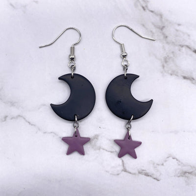 Black and Purple Pastel Galaxy Crescent Moon Dangle Earrings Cottagecore Celestial Witchcore Pastel Goth BOHO Simplistic Kawaii Jewelry