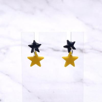 Black and Yellow Small Star Dangle Stud Earrings. Mini Celestial Astrology Jewelry. Pastel Goth Wiccan Witch BOHO Polymer Clay Studs.